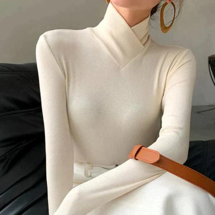 Turtleneck - Women's Elegant Slim Fit Blouse with Long Sleeves and Stand-up Collar